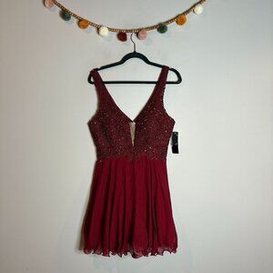NWT Betsy & Adam maroon formal illusion embellished dress